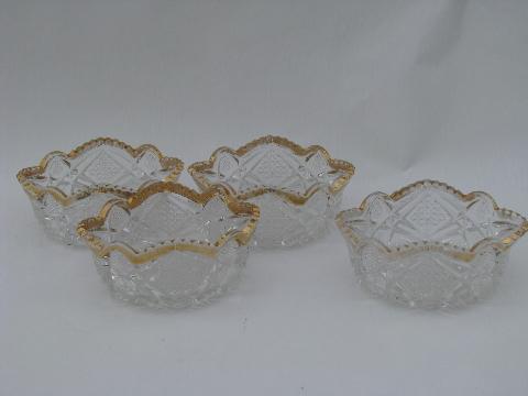 photo of antique sunburst pattern berry bowls, vintage pressed glass #1