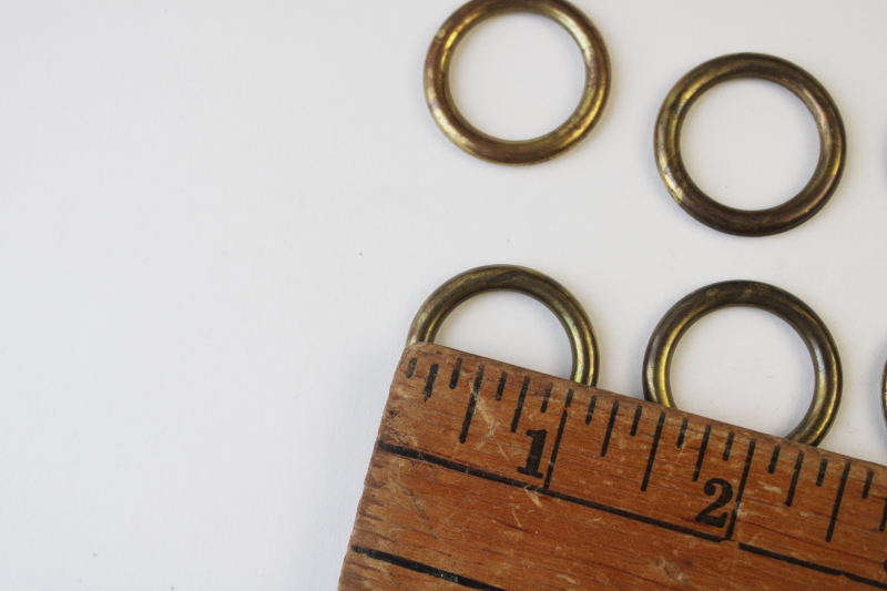 photo of antique tarnished brass curtain rings for cafe curtain rods, small light rings for lace or vintage linens  #2