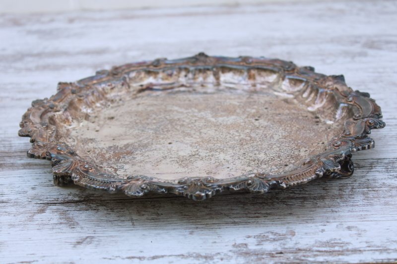 photo of antique tarnished silver plate footed tray, very ornate round stand Victorian style vintage #1