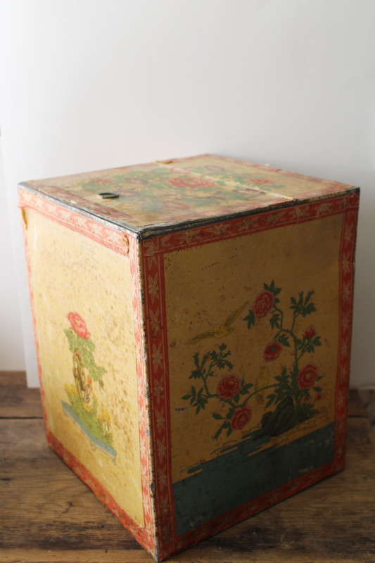 photo of antique tea tin, large metal box w/ vintage print paper, shipping container & store counter display #1