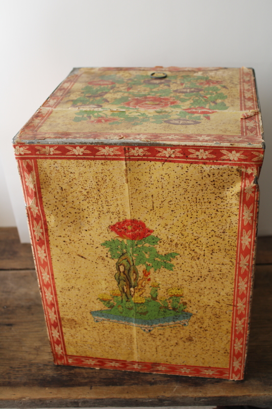 photo of antique tea tin, large metal box w/ vintage print paper, shipping container & store counter display #2