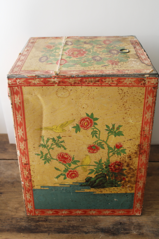 photo of antique tea tin, large metal box w/ vintage print paper, shipping container & store counter display #3