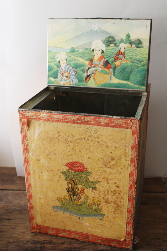 photo of antique tea tin, large metal box w/ vintage print paper, shipping container & store counter display #8