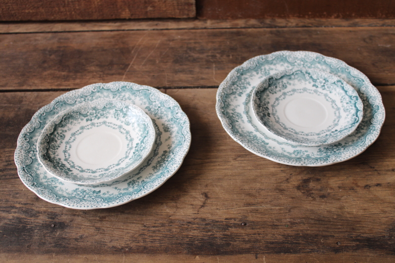 photo of antique teal green transferware china plates, Colonial Pottery England Lucerne pattern #1