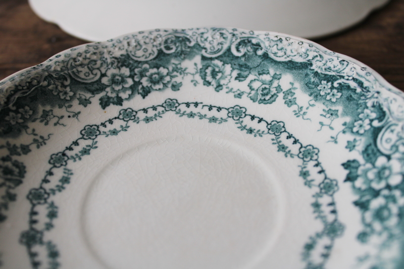 photo of antique teal green transferware china plates, Colonial Pottery England Lucerne pattern #6