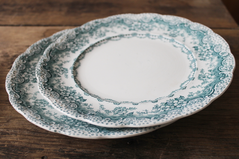 photo of antique teal green transferware china plates, Colonial Pottery England Lucerne pattern #7