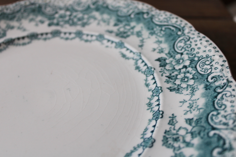 photo of antique teal green transferware china plates, Colonial Pottery England Lucerne pattern #8