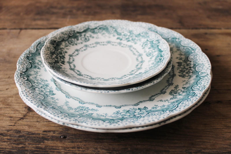 photo of antique teal green transferware china plates, Colonial Pottery England Lucerne pattern #9