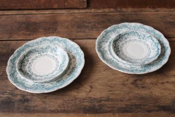 catalog photo of antique teal green transferware china plates, Colonial Pottery England Lucerne pattern