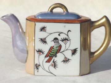 catalog photo of antique teapot w/ black crow bird hand-painted  vintage china teapot 