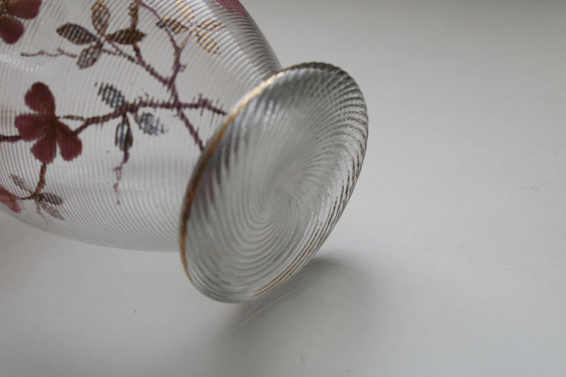photo of antique threaded spiral glass decanter bottle or vase, Murano hand blown glass w/ painted enamel floral  #4