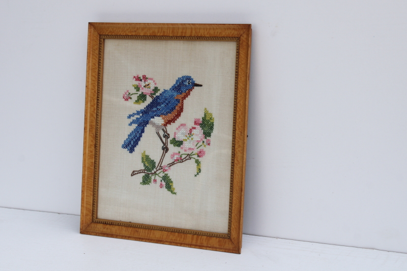 photo of antique tiger birdseye maple picture frame, wood plank back frame w/ vintage needlework #1