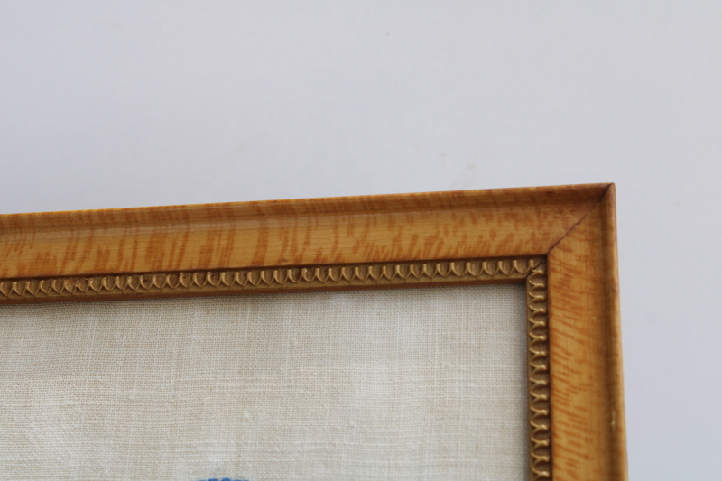 photo of antique tiger birdseye maple picture frame, wood plank back frame w/ vintage needlework #3