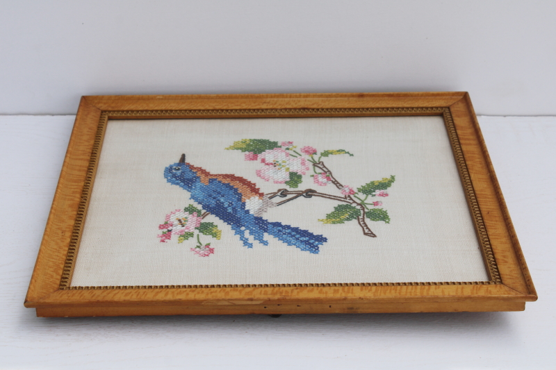 photo of antique tiger birdseye maple picture frame, wood plank back frame w/ vintage needlework #4