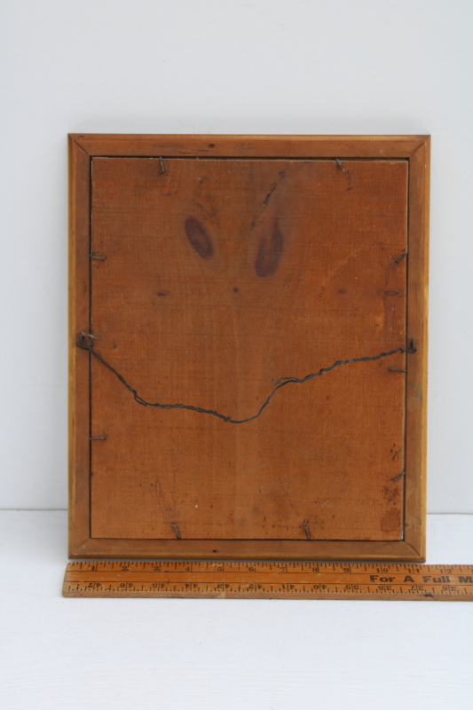 photo of antique tiger birdseye maple picture frame, wood plank back frame w/ vintage needlework #5