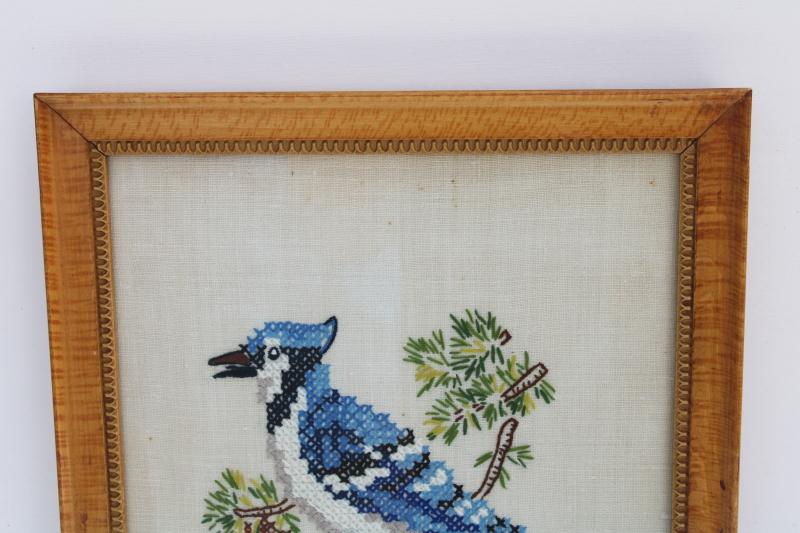 photo of antique tiger birdseye maple picture frame, wood plank back frame w/ vintage needlework #2