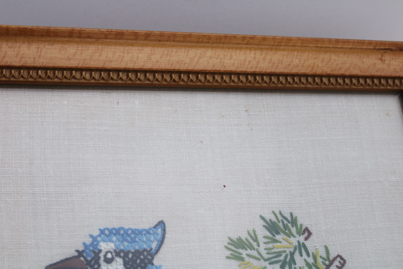 photo of antique tiger birdseye maple picture frame, wood plank back frame w/ vintage needlework #3