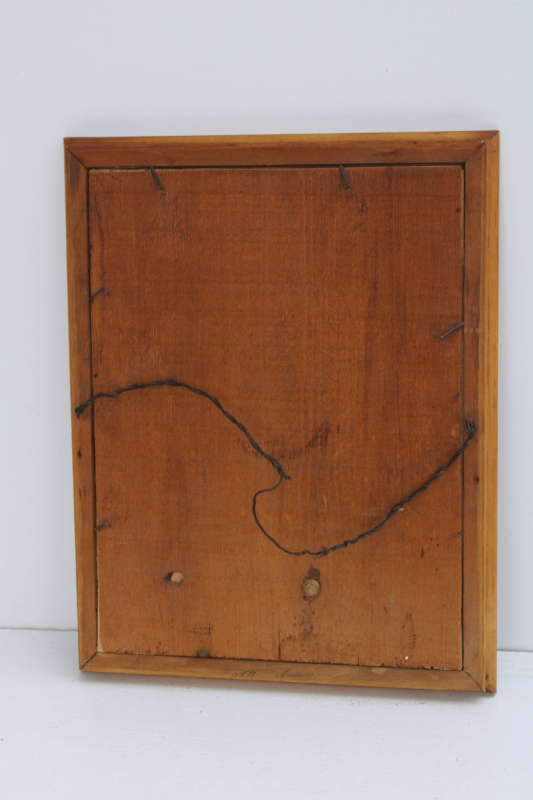 photo of antique tiger birdseye maple picture frame, wood plank back frame w/ vintage needlework #5