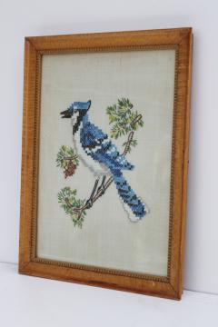 catalog photo of antique tiger birdseye maple picture frame, wood plank back frame w/ vintage needlework