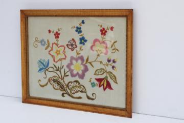 catalog photo of antique tiger birdseye maple wood picture frame, vintage crewel embroidery jacobean floral