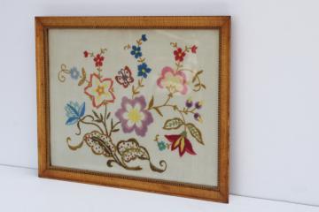 antique tiger birdseye maple wood picture frame, vintage crewel embroidery jacobean floral