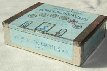 catalog photo of antique tin Melachrino Egyptian cigarettes, early 1900s vintage cigarette box tobacciana