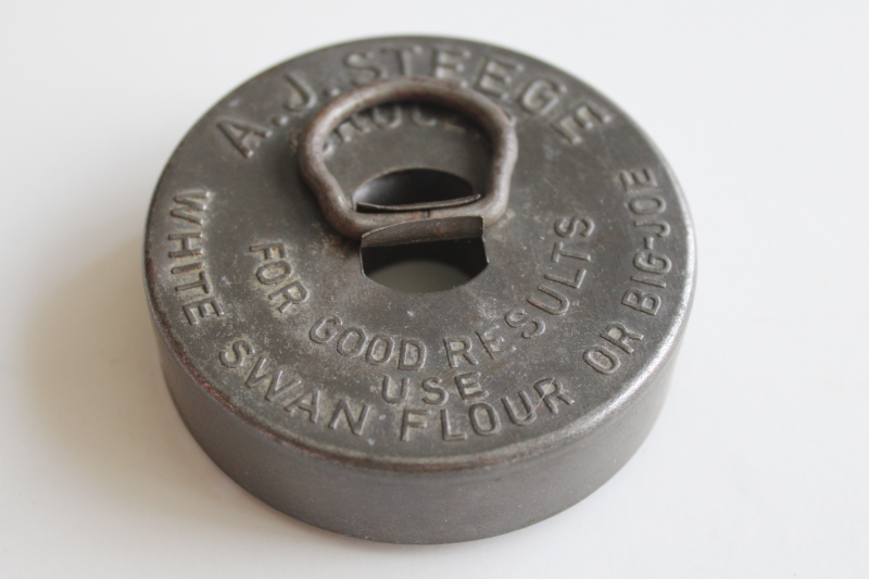 photo of antique tin biscuit cutter, old embossed advertising White Swan flour A J Steege grocer  #2