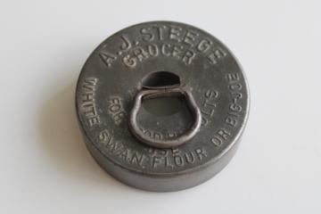 catalog photo of antique tin biscuit cutter, old embossed advertising White Swan flour A J Steege grocer 