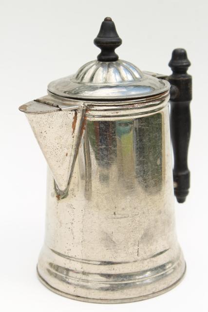 photo of antique tin coffee pot & covered milk pitcher, early 1900s vintage tinned copper & brass #6