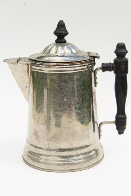 photo of antique tin coffee pot & covered milk pitcher, early 1900s vintage tinned copper & brass #7
