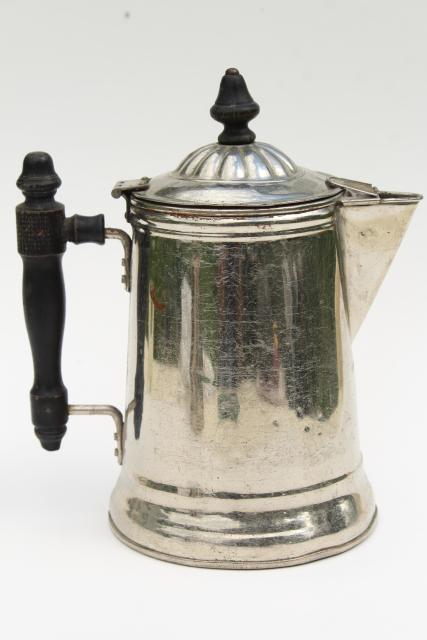 photo of antique tin coffee pot & covered milk pitcher, early 1900s vintage tinned copper & brass #9