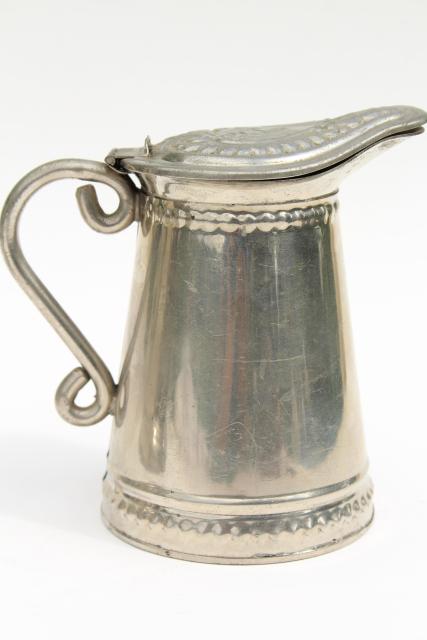 photo of antique tin coffee pot & covered milk pitcher, early 1900s vintage tinned copper & brass #13