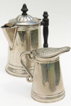 catalog photo of antique tin coffee pot & covered milk pitcher, early 1900s vintage tinned copper & brass