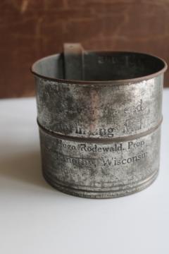 antique tin flour sifter, vintage mill farm store advertising Hugo Rodewald Timothy Wisconsin 