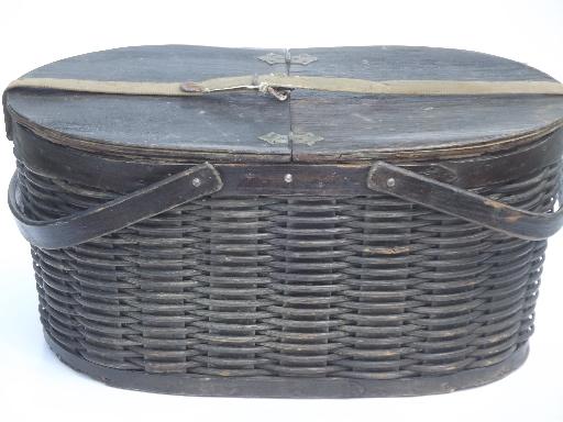 photo of antique tin lined insulated picnic basket, 1930s vintage picnic hamper  #5