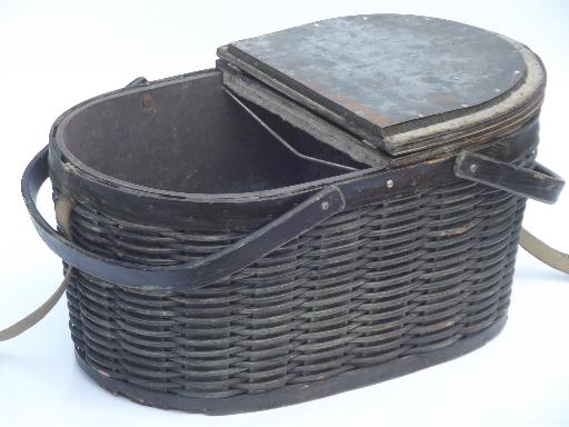 photo of antique tin lined insulated picnic basket, 1930s vintage picnic hamper  #6