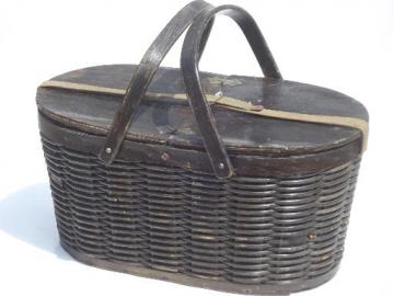 catalog photo of antique tin lined insulated picnic basket, 1930s vintage picnic hamper 