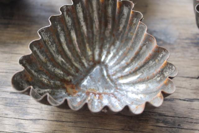 photo of antique tin patty pan molds, rustic rusty metal heart shaped pans made in England #5