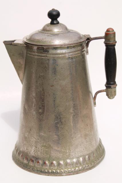 photo of antique tin plated copper coffee pot, wood stove vintage coffeepot w/ wood handl #5