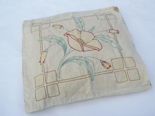 photo of antique tinted embroidery cover feather pillow, color shaded flower #1