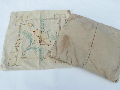 photo of antique tinted embroidery cover feather pillow, color shaded flower #2