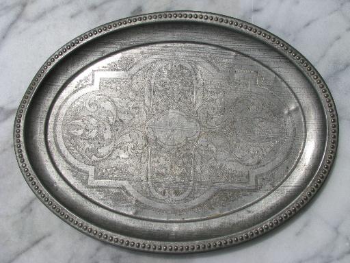 photo of antique tole tin tray w/ old dull silver patina, tinned vintage toleware #1