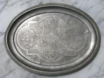 catalog photo of antique tole tin tray w/ old dull silver patina, tinned vintage toleware