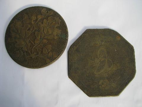 photo of antique tooled brass trivets, oak and acorn, petit-point #1