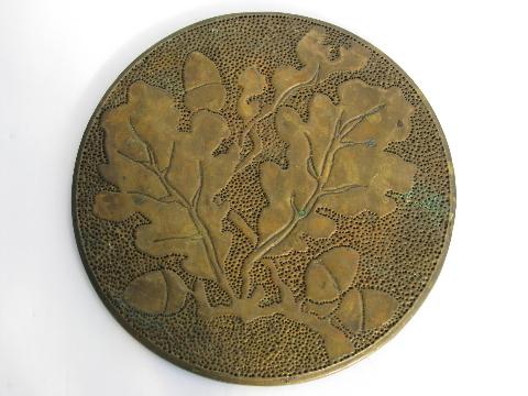 photo of antique tooled brass trivets, oak and acorn, petit-point #2