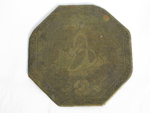 photo of antique tooled brass trivets, oak and acorn, petit-point #3