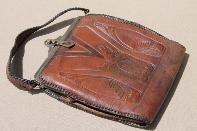 photo of antique tooled leather purse, early 1900s vintage Jemco handbag w/ aesthetic design #1