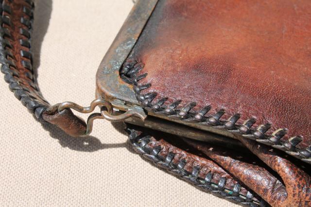 photo of antique tooled leather purse, early 1900s vintage Jemco handbag w/ aesthetic design #3