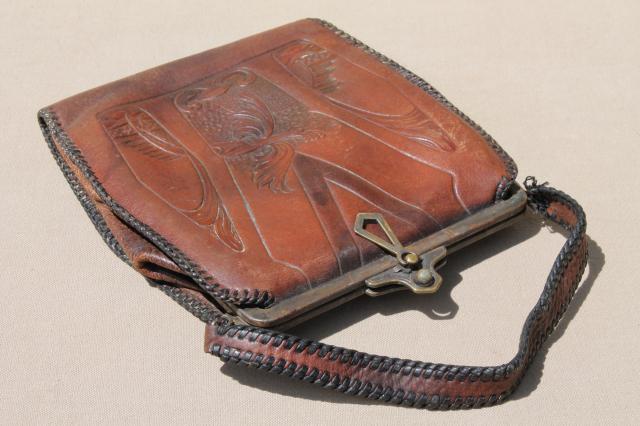 photo of antique tooled leather purse, early 1900s vintage Jemco handbag w/ aesthetic design #6