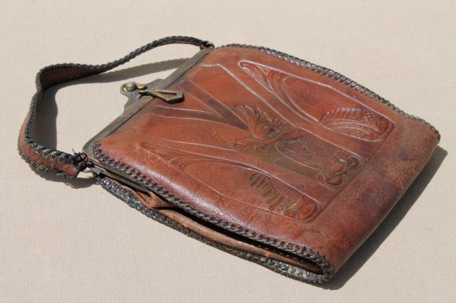 photo of antique tooled leather purse, early 1900s vintage Jemco handbag w/ aesthetic design #7